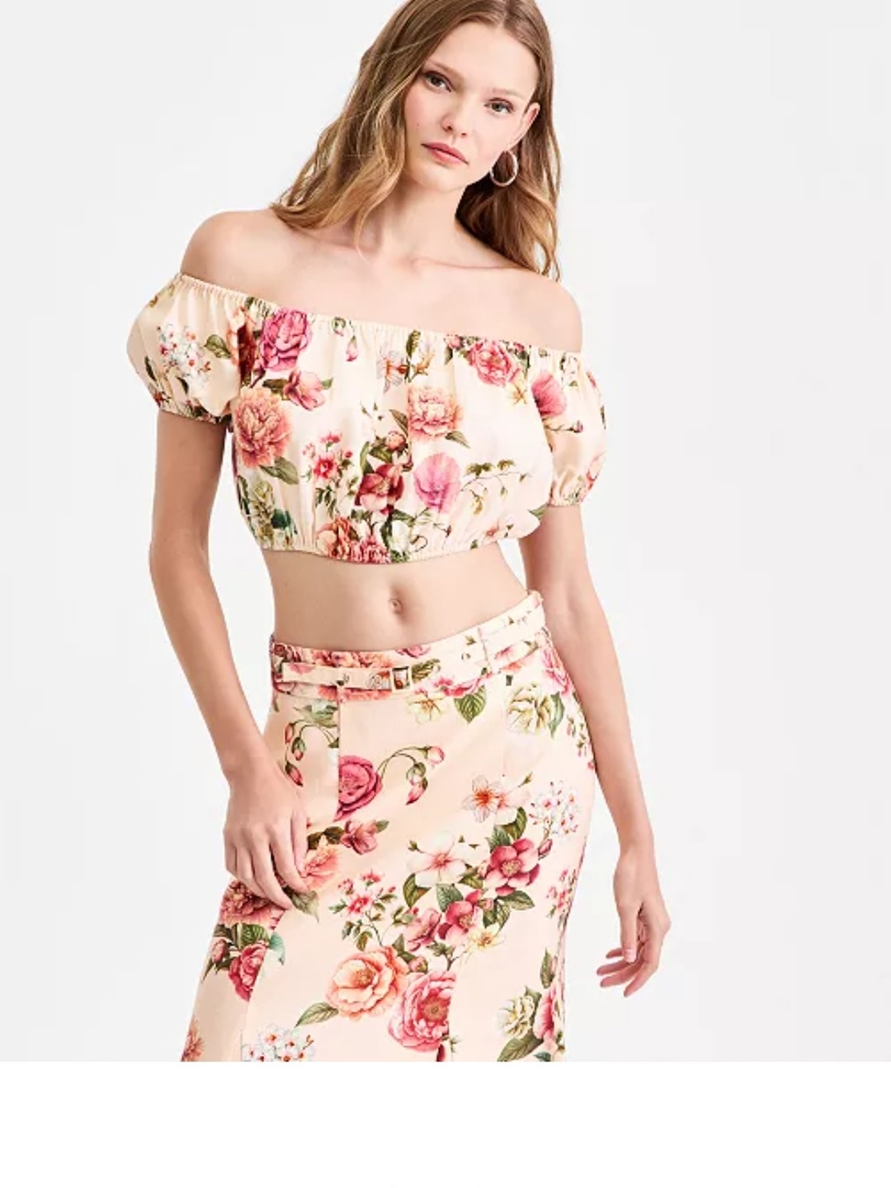 Guess Floral Off-Shoulder Crop Top in Pink and Cream